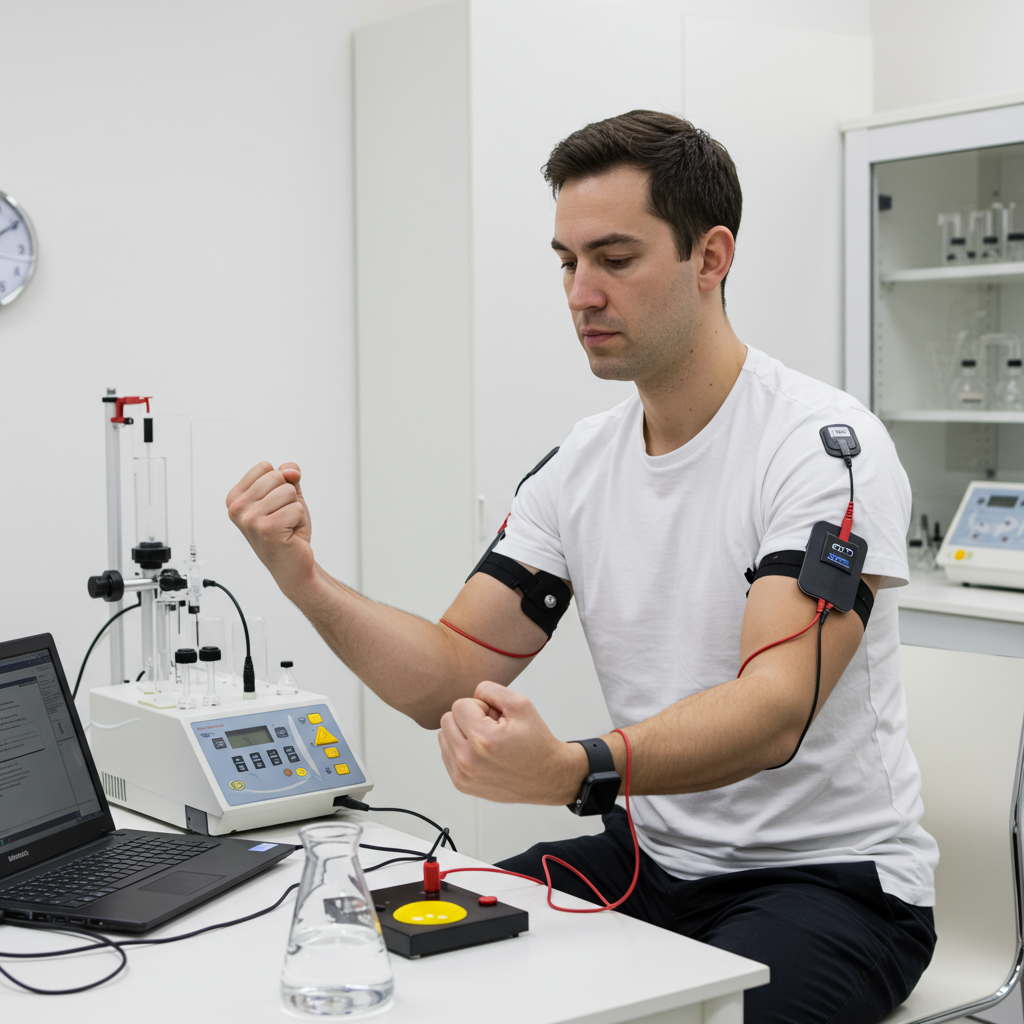 白い研究室の中で、筋電図センサーをつけた男性が筋トレ実験中、科学機器とノートPCが映る背景、落ち着いた雰囲気の写真風