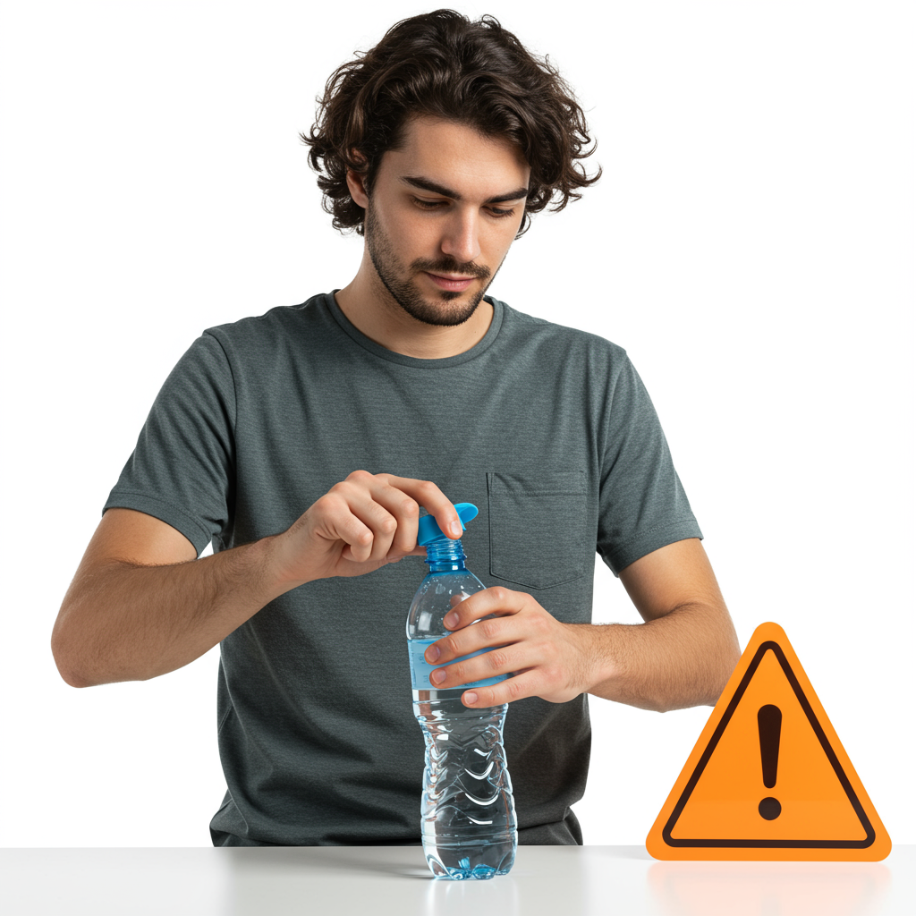 ペットボトルを強く振ったあと、フタを慎重に開けて中身が噴き出さないようにしている男性。注意マークが横にある説明図風のイラスト