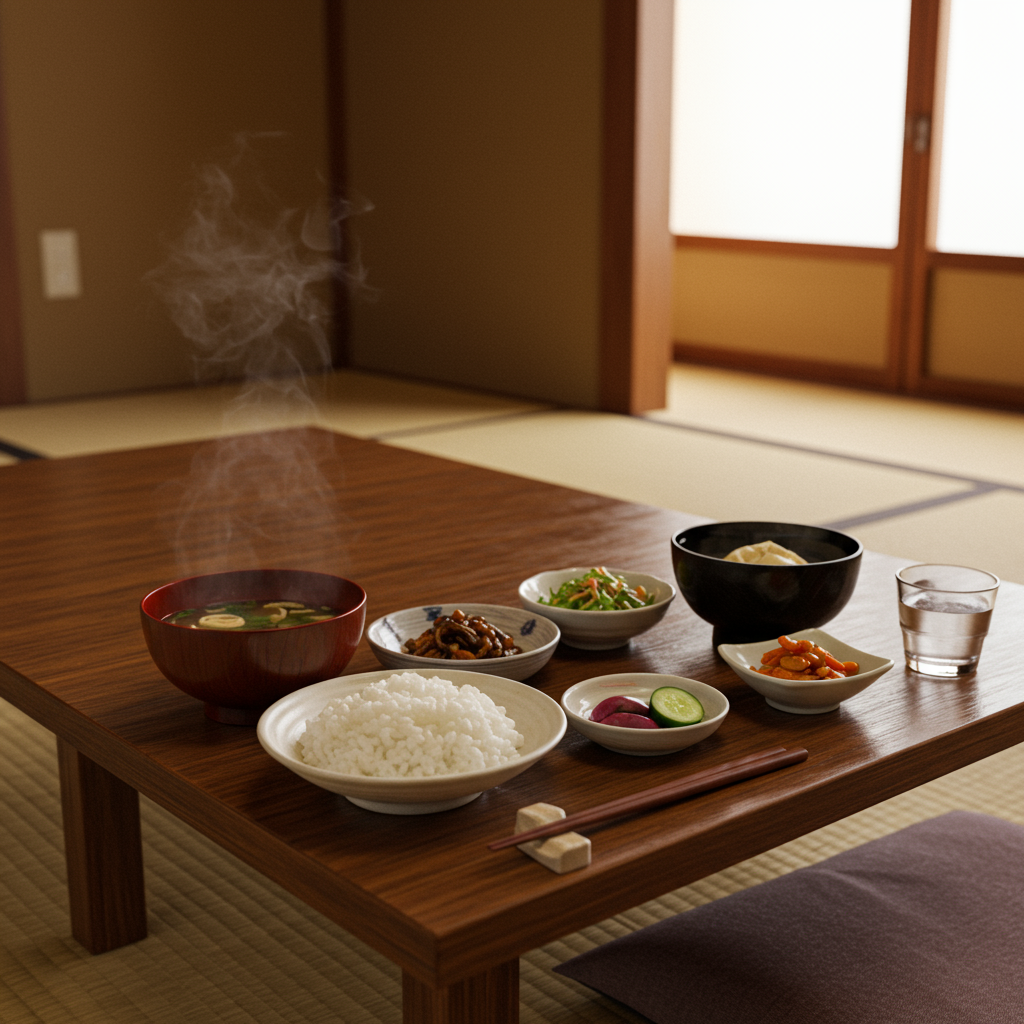 和風のちゃぶ台に白米、味噌汁、漬物が並んでいる、昔ながらの日本の食卓、落ち着いた和室の背景、自然光