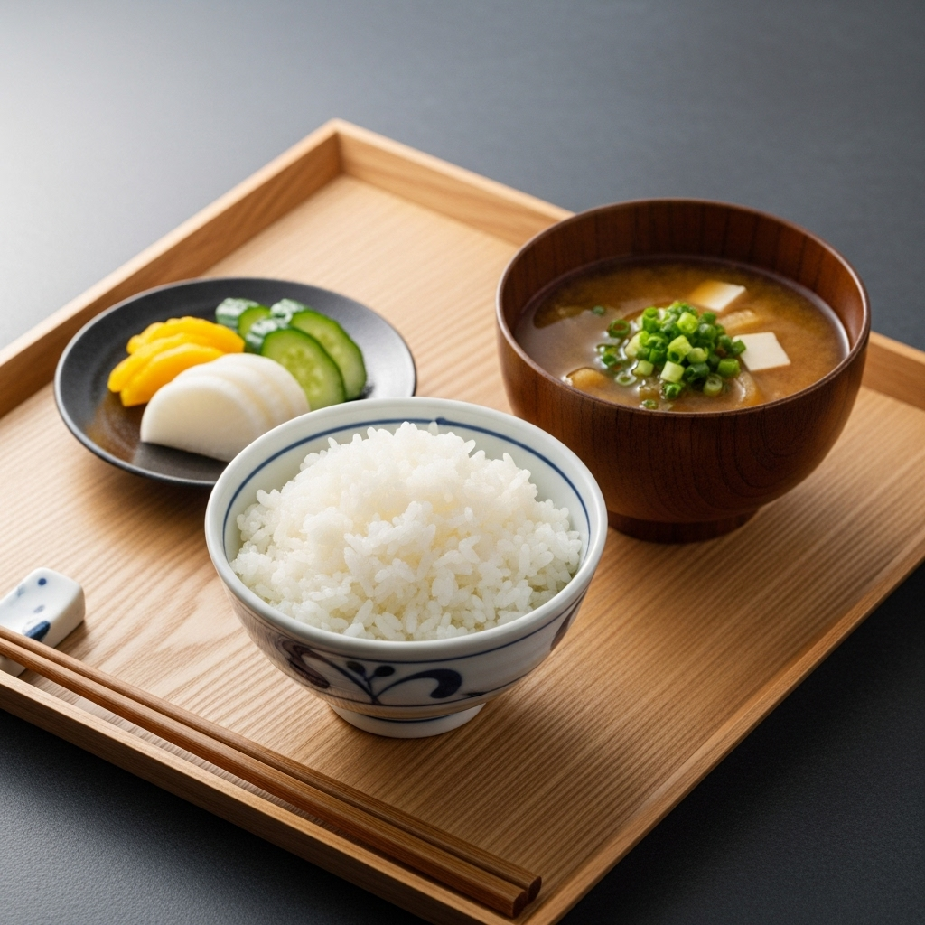 一汁一菜の和食(ご飯・味噌汁・漬物)を美しく並べた食卓、筋肉づくりに理想的な健康食の雰囲気、シンプルな背景
