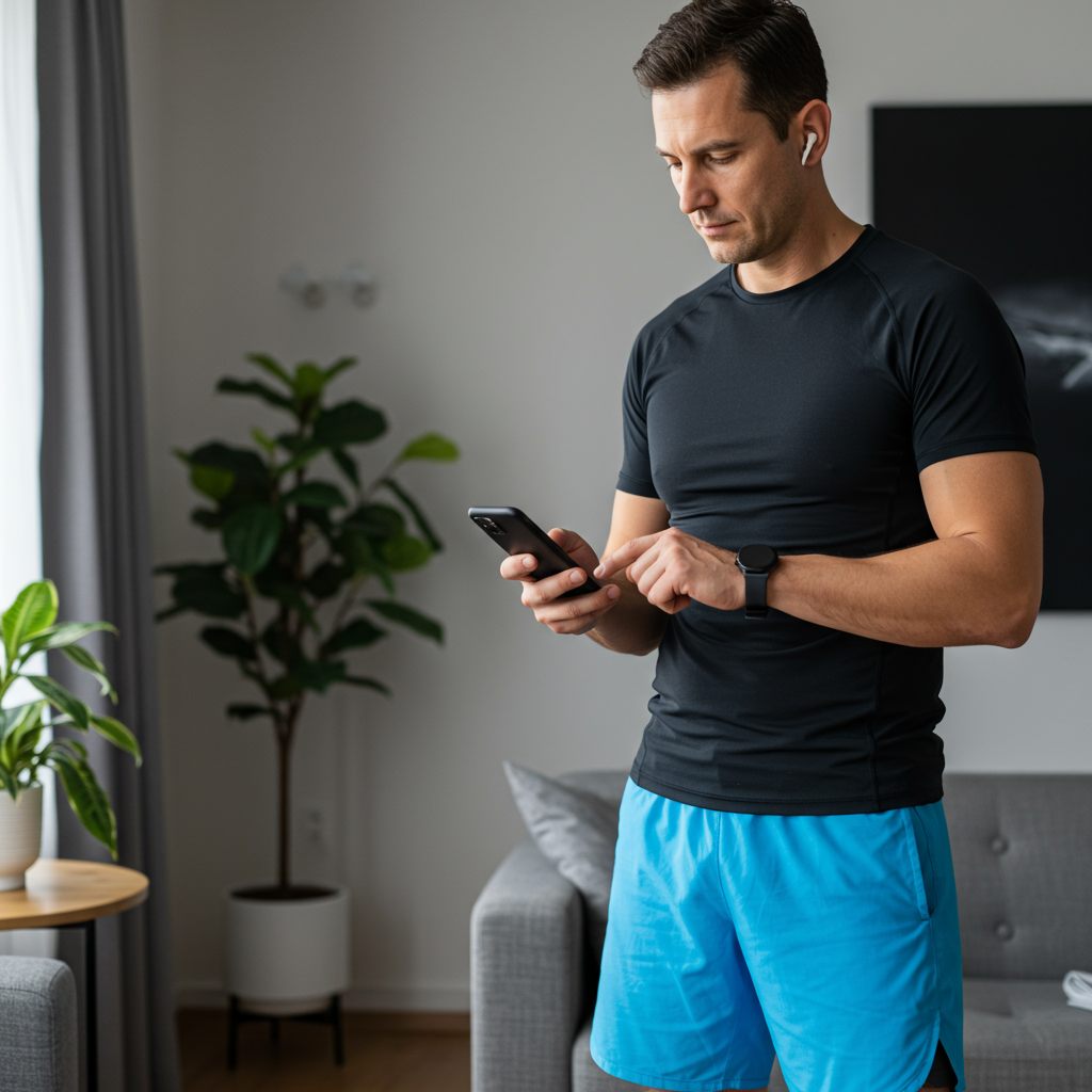 ジムに行く前にスマホで筋トレメニューを確認している30代男性。スポーツウェアを着て真剣な表情。