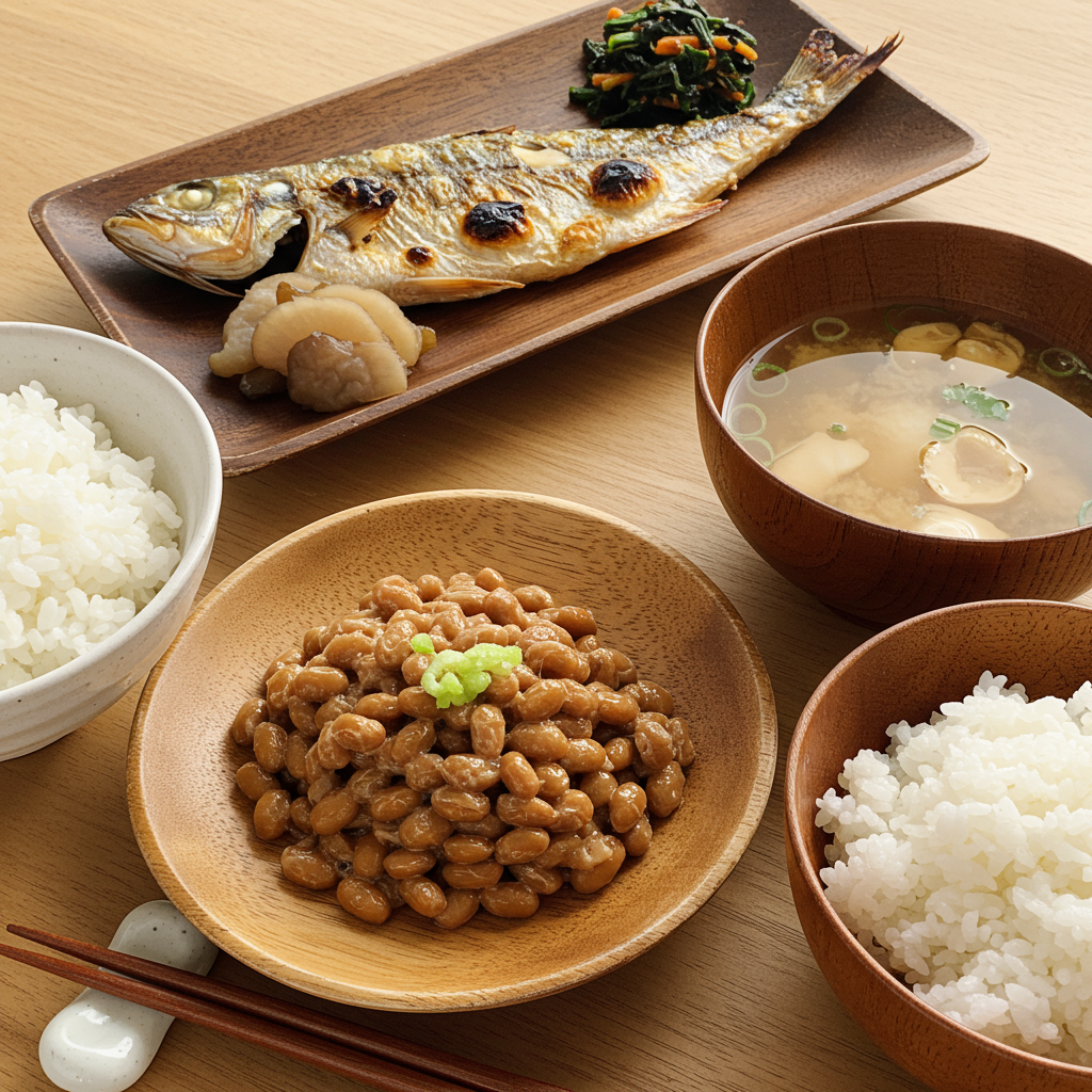 木製の皿に盛られた納豆、焼き魚、味噌汁、大豆食品と魚を強調した和食、健康的な食事のイメージ、明るい自然光