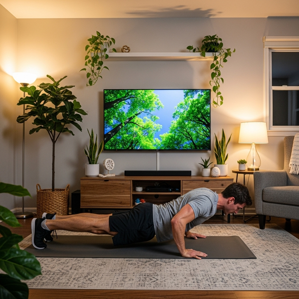 リビングで自重トレーニング(腕立て伏せ)をする男性。テレビや観葉植物のある家庭的な部屋。