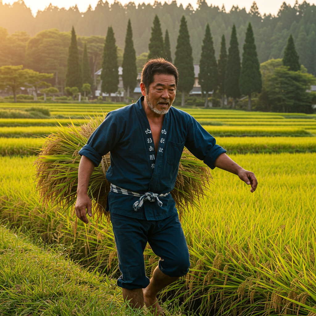 和服の男性が畑で農作業、重い荷物を運ぶ、または徒歩で山道を移動する様子、筋肉の使われる生活、自然な動作