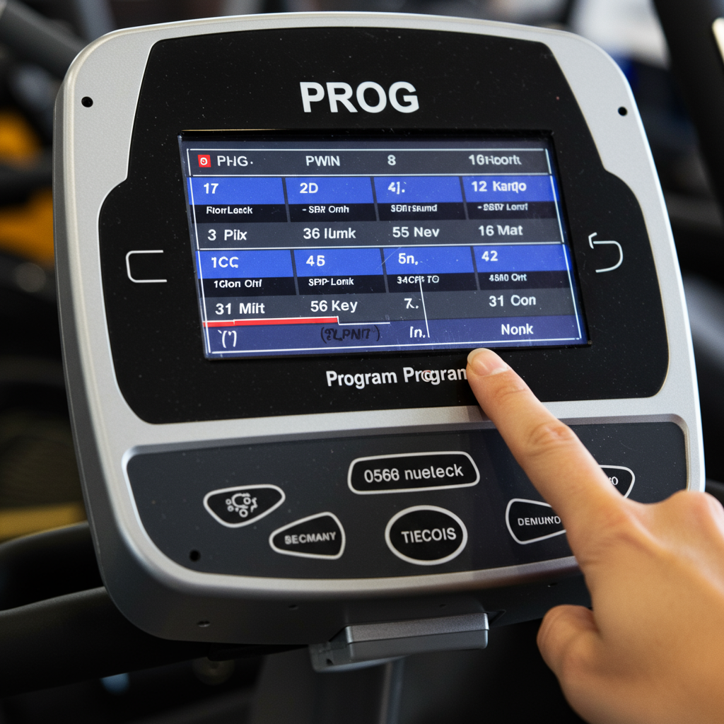 エクササイズバイクのコントロールパネルの写真。PROG(プログラム)モード選択画面をハイライトし、1-12の番号が付けられた様々な自動ワークアウトプログラムオプションを表示している。ユーザーの指がプログラムを指している、または選択している。現代的なフィットネス機器によくあるカラフルで魅力的なインターフェースデザイン。
