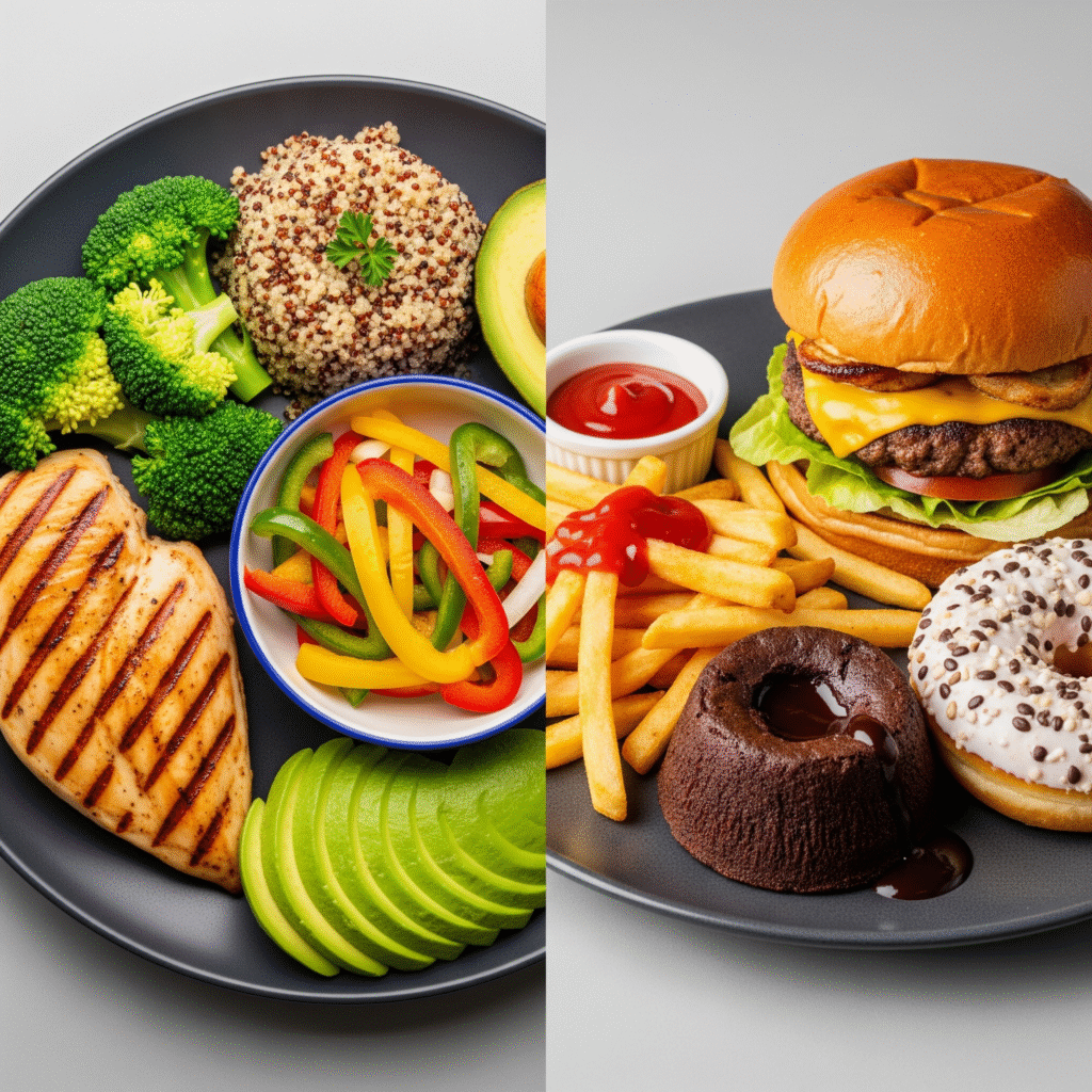 2つの異なる食事アプローチを示すスプリット構図 - 左側にクリーンで健康的な食品(赤身タンパク質、野菜、複合炭水化物)、右側に高カロリー食品(ハンバーガー、フライドポテト、デザート)。プロのスタジオ照明、両側の明確なコントラスト。