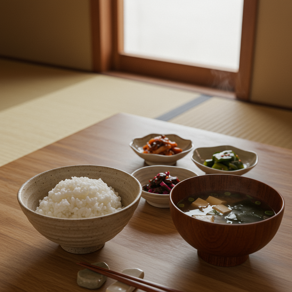 質素な和食(ご飯、味噌汁、漬物)、落ち着いた雰囲気の和室、自然素材の器を使用、健康的でシンプルな暮らしのイメージ