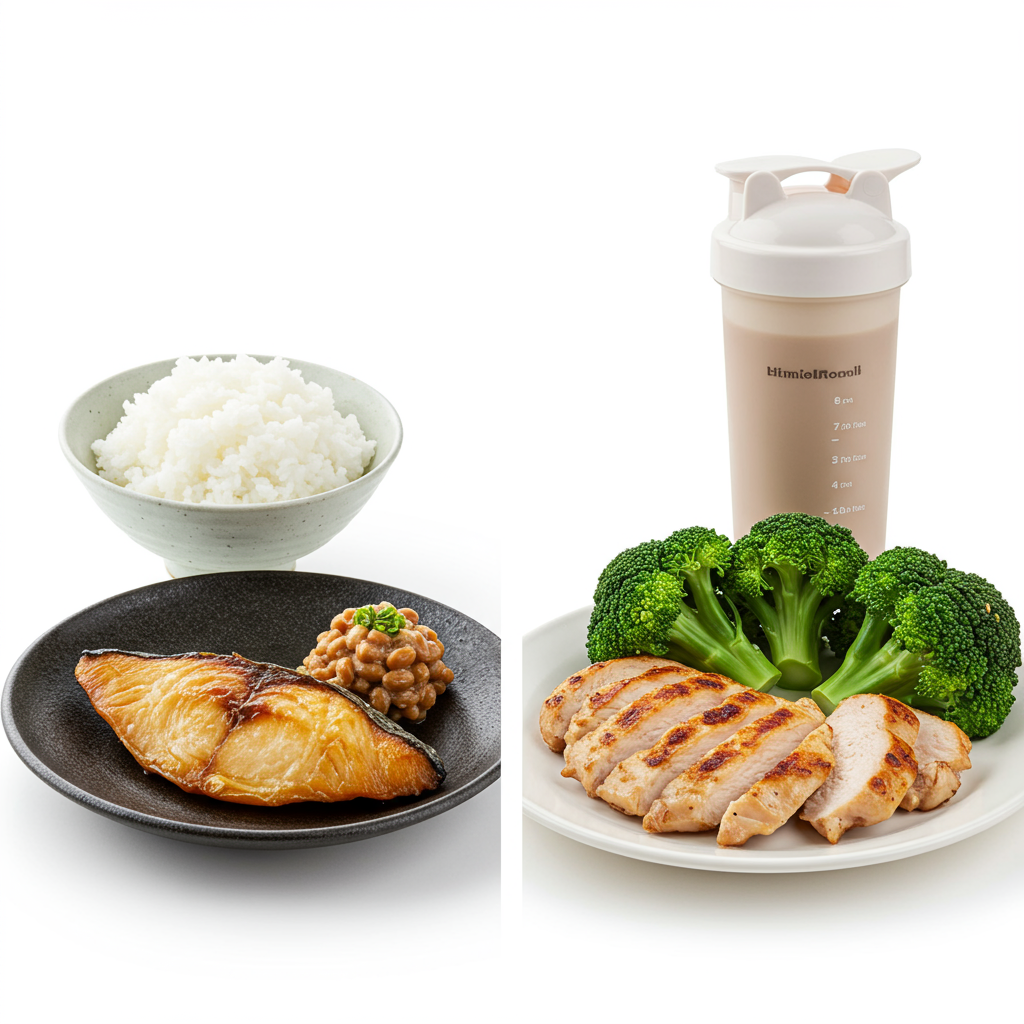 片方に和食(白米・魚・納豆)、もう片方に現代の筋トレ食(鶏むね肉・ブロッコリー・プロテイン)を対比的に並べた画像、白背景