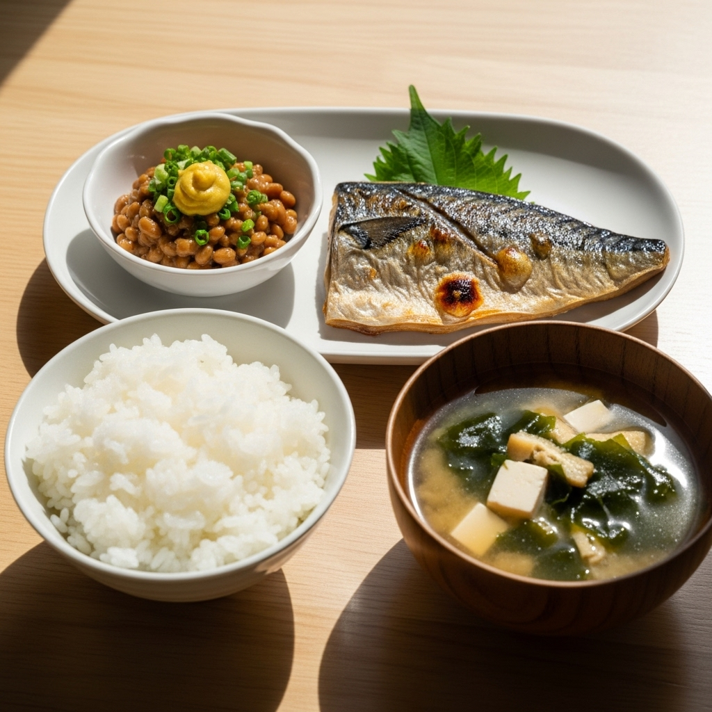 バランスよく盛られた和食プレート(ご飯、納豆、魚、味噌汁)、健康的な筋肉食のイメージ、明るい自然光、木のテーブル