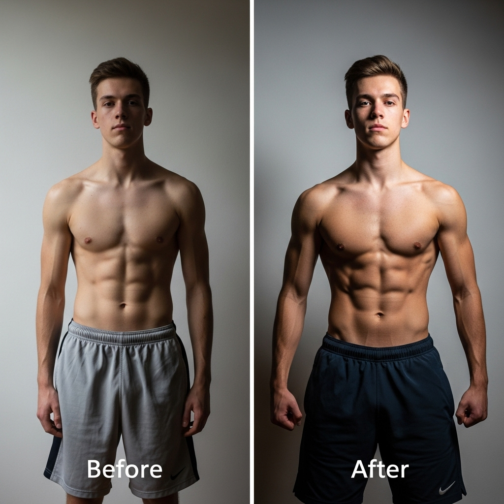 数週間で筋肉のトーンと筋力が向上した若い男性のビフォーアフター、自然光、文字なし、写真風