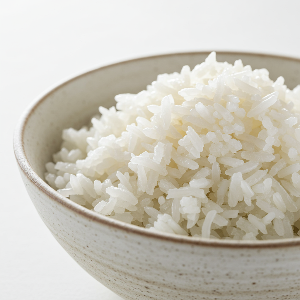 茶碗に盛られた冷やご飯、冷たくて美味しそうな見た目、健康雑誌の特集に出てきそうなスタイリング、清潔感ある背景