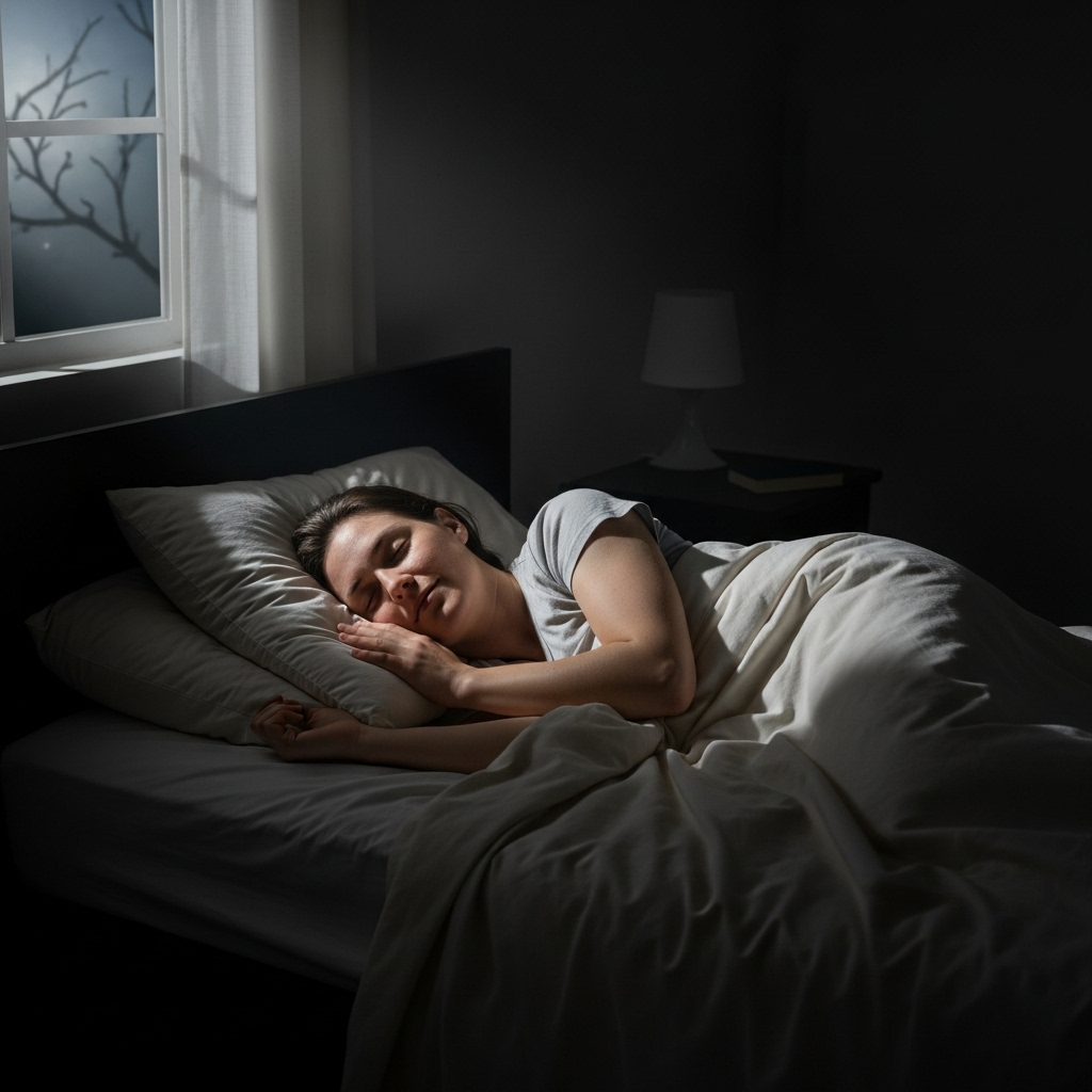 夜、ベッドで安らかに眠る人の写真風イメージ。落ち着いた表情で、体はリラックス。柔らかな布団、窓からの月明かりが差す静かな雰囲気の寝室。