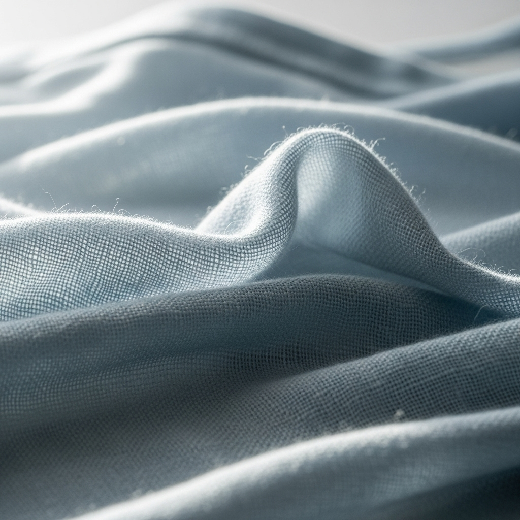 衣服の柔らかく通気性のある生地をクローズアップした写真風イメージ。光がほんのり透けて快適さや軽やかさを表現。背景はシンプルで清潔感あり。