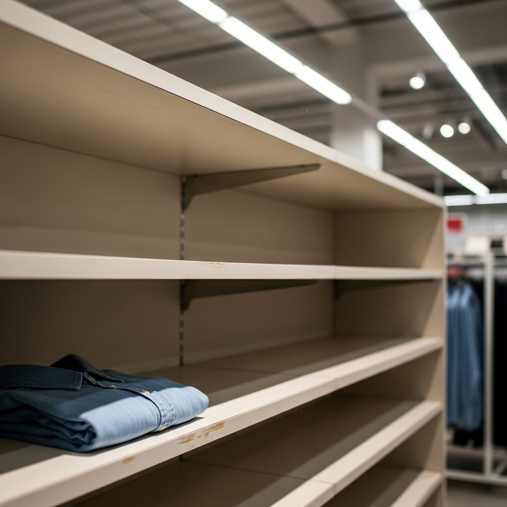 店舗の棚に服がほとんどなく、最後の一着だけが残っている写真風イメージ。明るい店内照明で在庫不足を表現。