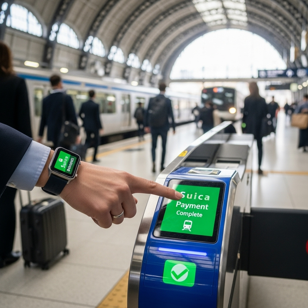通勤者が駅の改札でスマートウォッチをかざしてSuicaで支払いをしている様子。