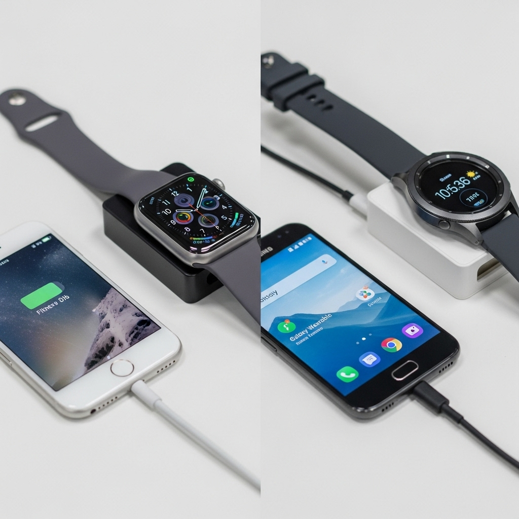 1つはiPhoneに接続、もう1つはAndroidに接続しているスマートウォッチが並んでいる写真。
