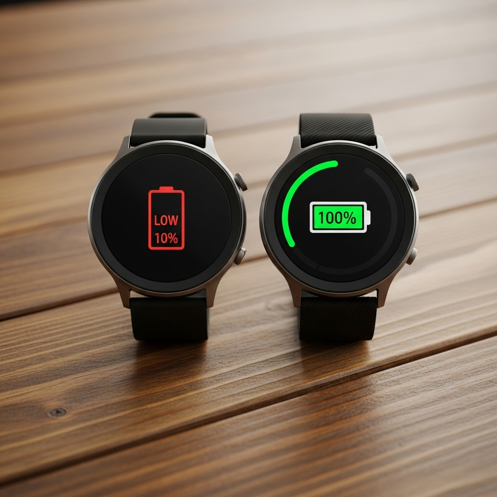 2つのスマートウォッチが並んでいて、片方はバッテリー残量が少なく、もう片方は満充電アイコンを表示している様子。木製デスクの上。